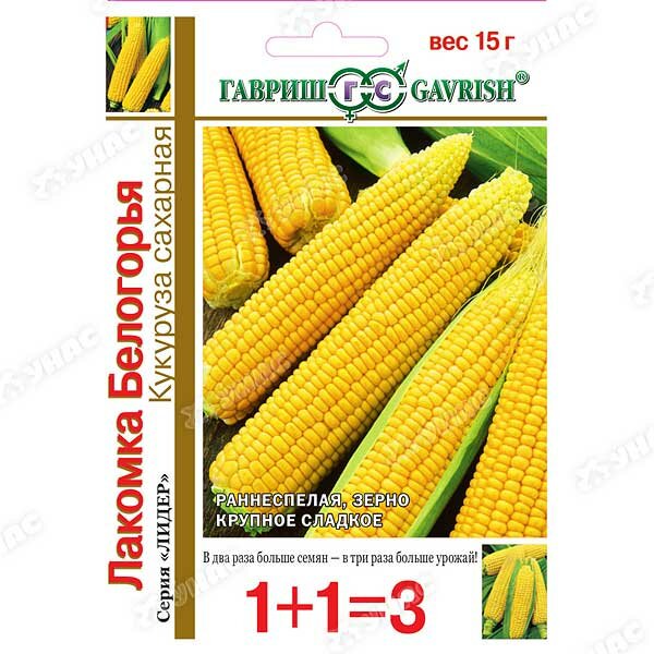 Семена Кукуруза Лакомка Белогорья сахарная 15г Ранние (Гавриш) 1+1