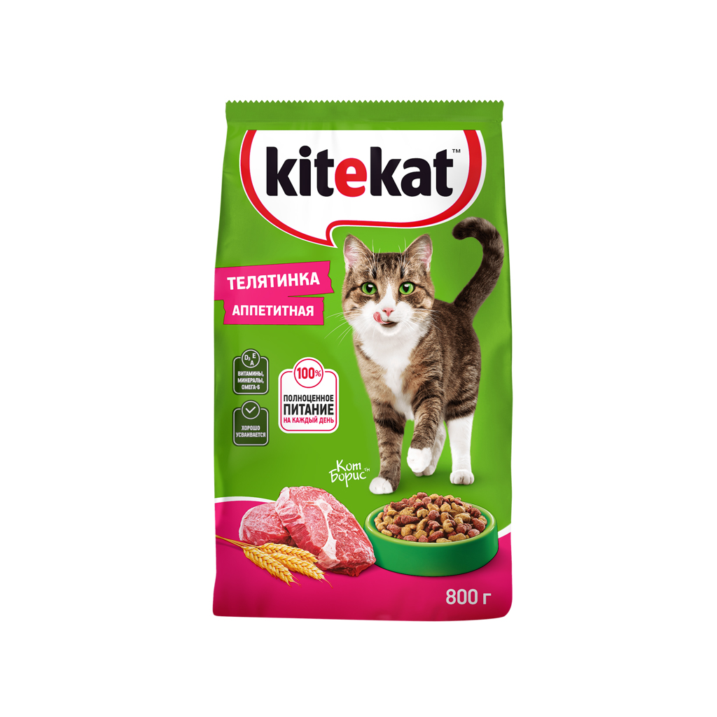 Сухой полнорационный корм KITEKAT для взрослых кошек «Телятинка Аппетитная», 2 шт по 800 г — фото 1