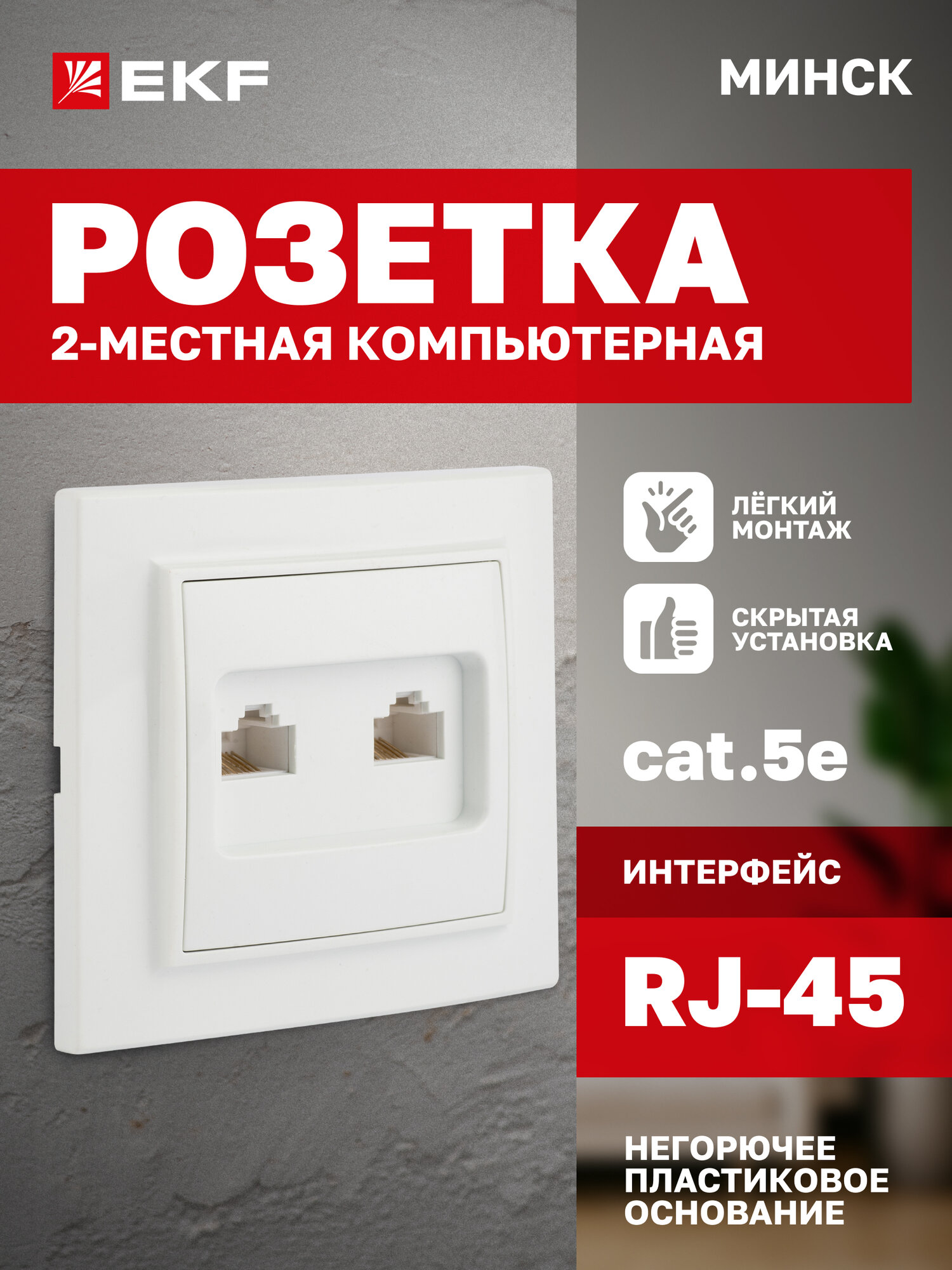 Розетка 2 x RJ-45 EKF LAN компьютерная (8P8C), для витой пары (сетевого кабеля), ЛВС двойная (2-местная, 2 порта), белая