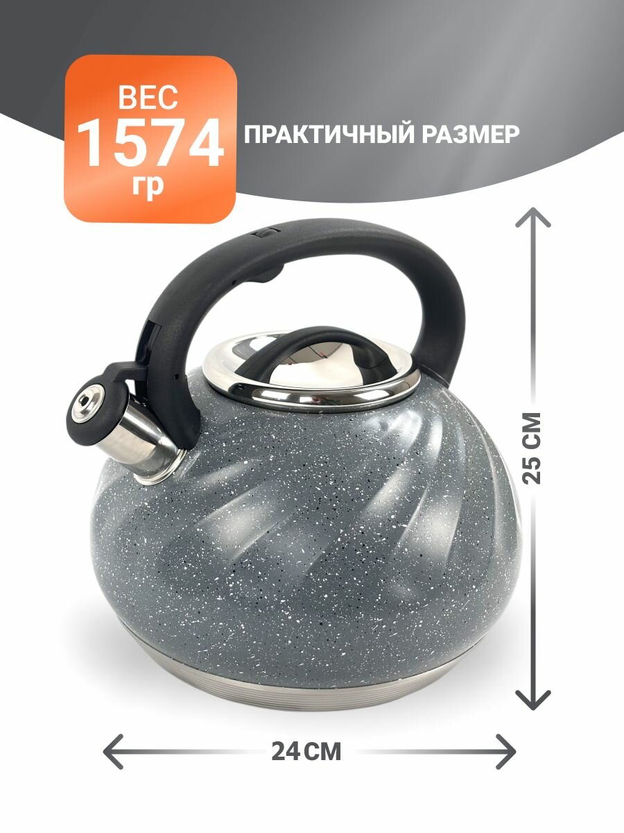 Чайник со свистком 5Л серый из нержавеющей стали с эргономичной ручкой — фото 1