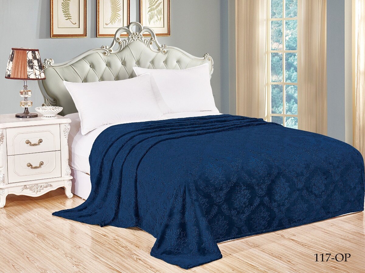 Покрывало / Плед на кровать жаккард 220х200 см(Евро), синее с тиснением цветок , Enrika - фотография № 5