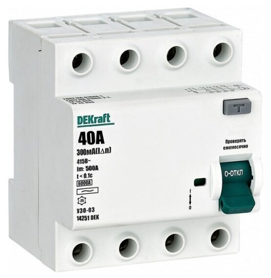 Выключатель дифференциального тока (УЗО) Dekraft 4P 40А 300мА тип AC 6кА УЗО-03, 14251DEK