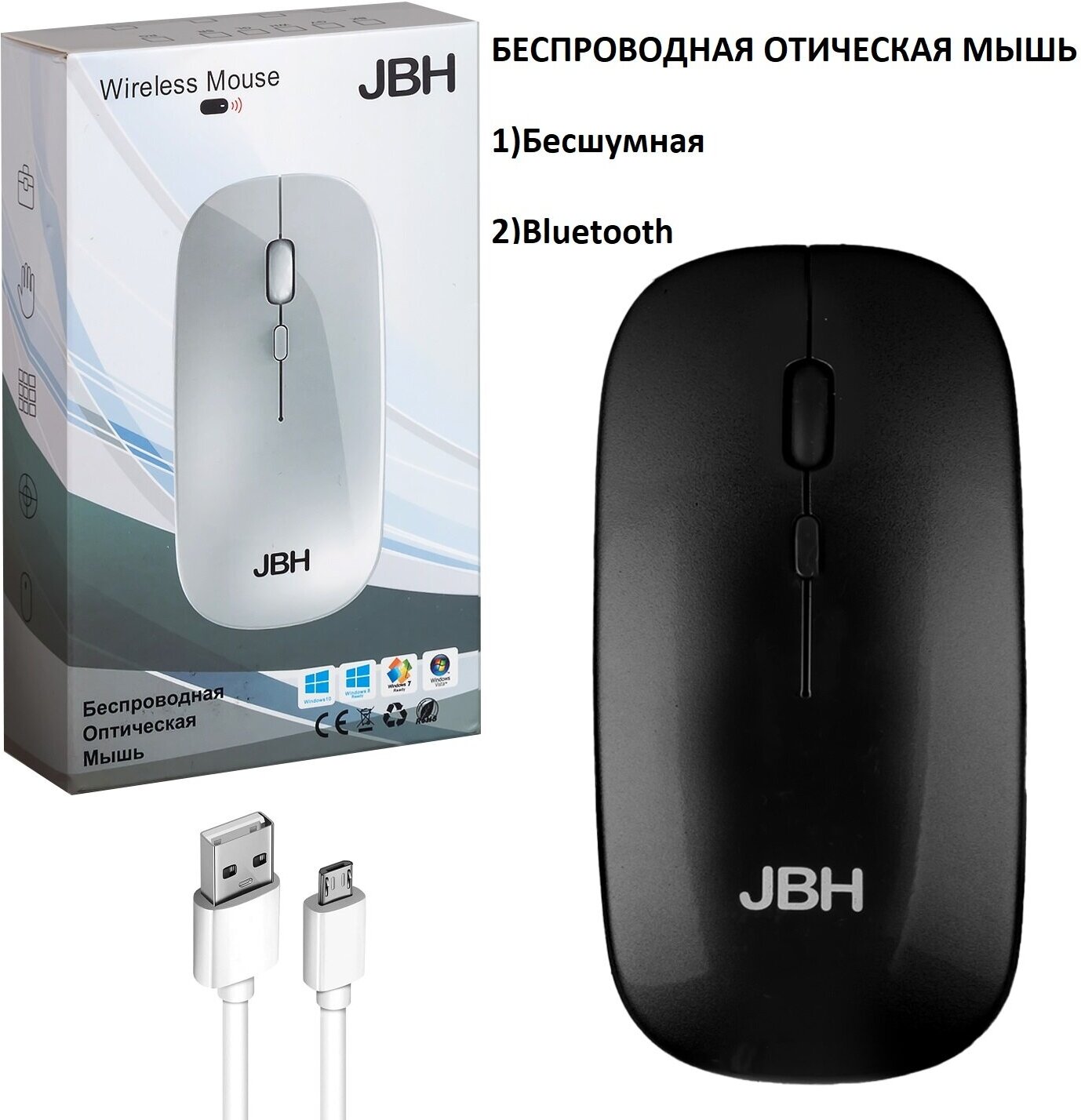 Беспроводная оптическая мышь JBH E-WM01 / Мышь беспроводная черная / Беспроводная мышь / Мышь компьютерная беспроводная / Компьютерная мышь