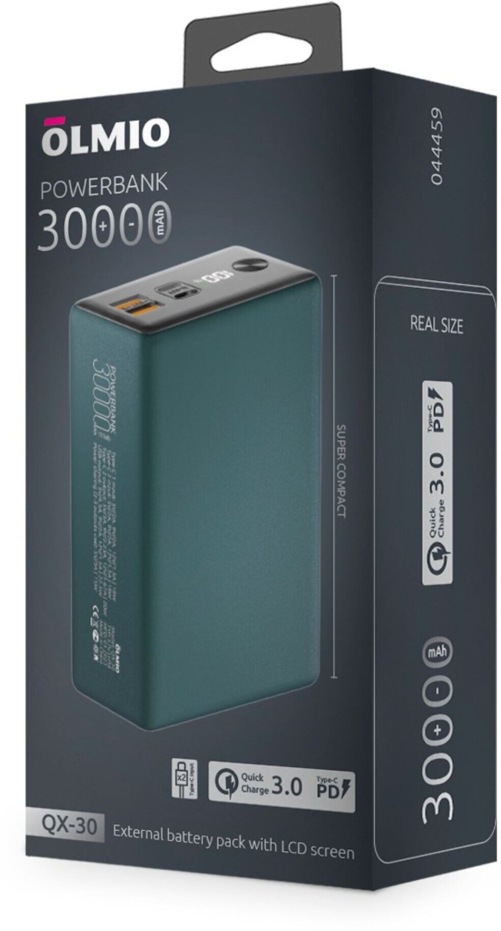 Портативное зарядное устройство Olmio QX-30 30000mAh, 22.5W PD/QC 3.0, темно-зеленый