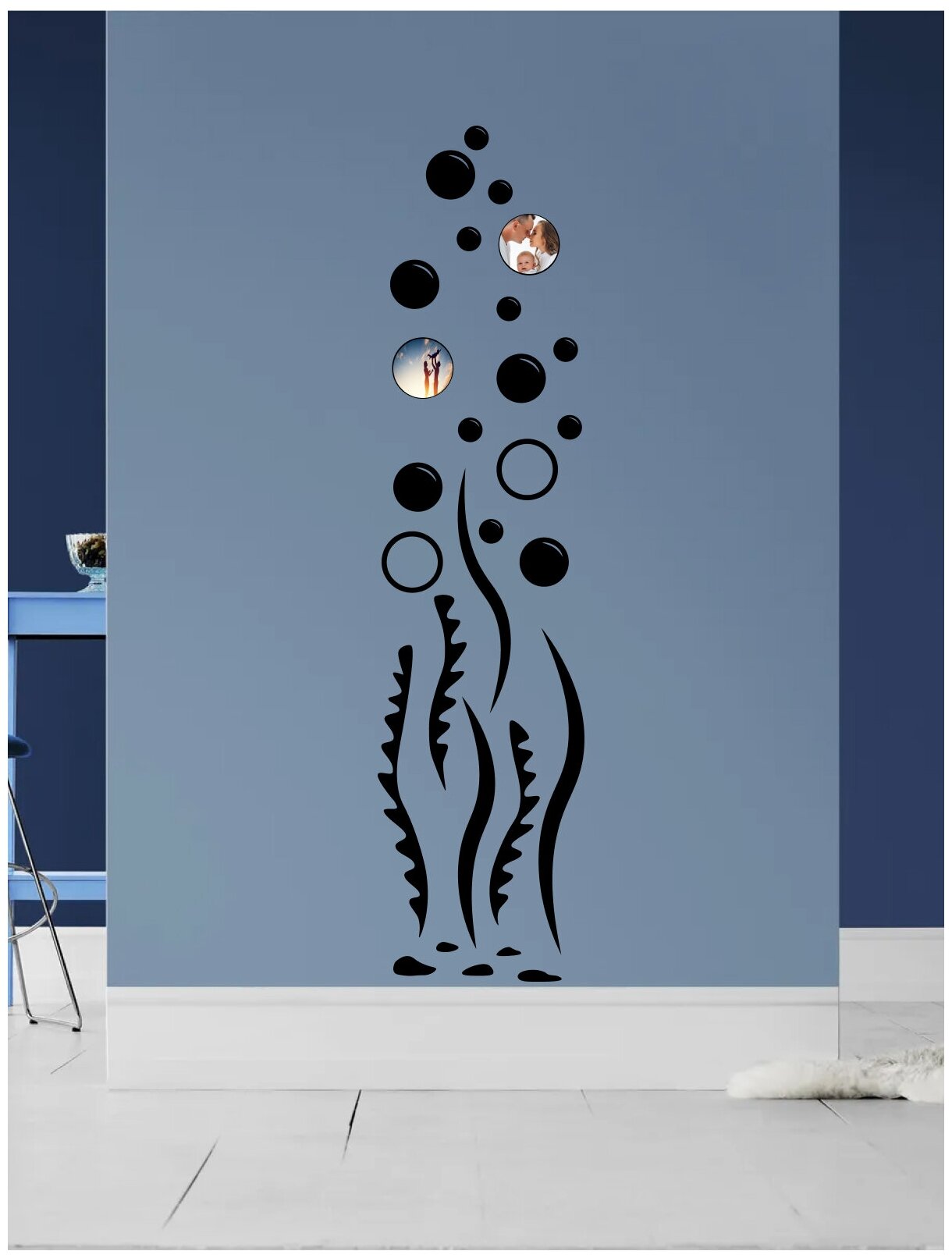 Наклейка виниловая черная на стену Водоросли в пузырьках, 190х45см в сканди стиле