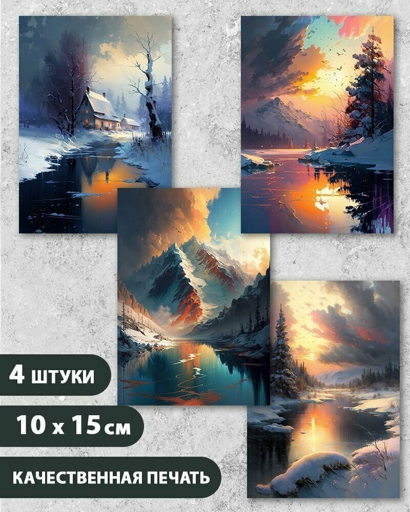 Набор открыток "Зимний пейзаж", 10.5 см х 15 см, 4 шт, InspirationTime, на подарок и в коллекцию