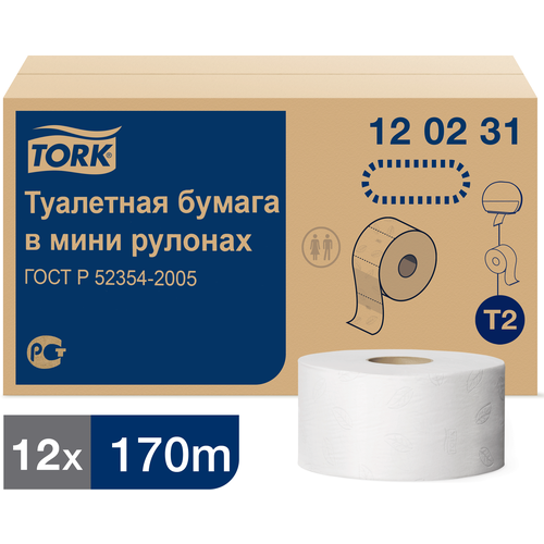 Туалетная бумага Tork T2 120231 двухслойная, 1 упаковка - 12 рулонов по 170 метров бумага туалетная 170 м комплект 60 шт tork система т2 advanced 2 слойная белая 120231