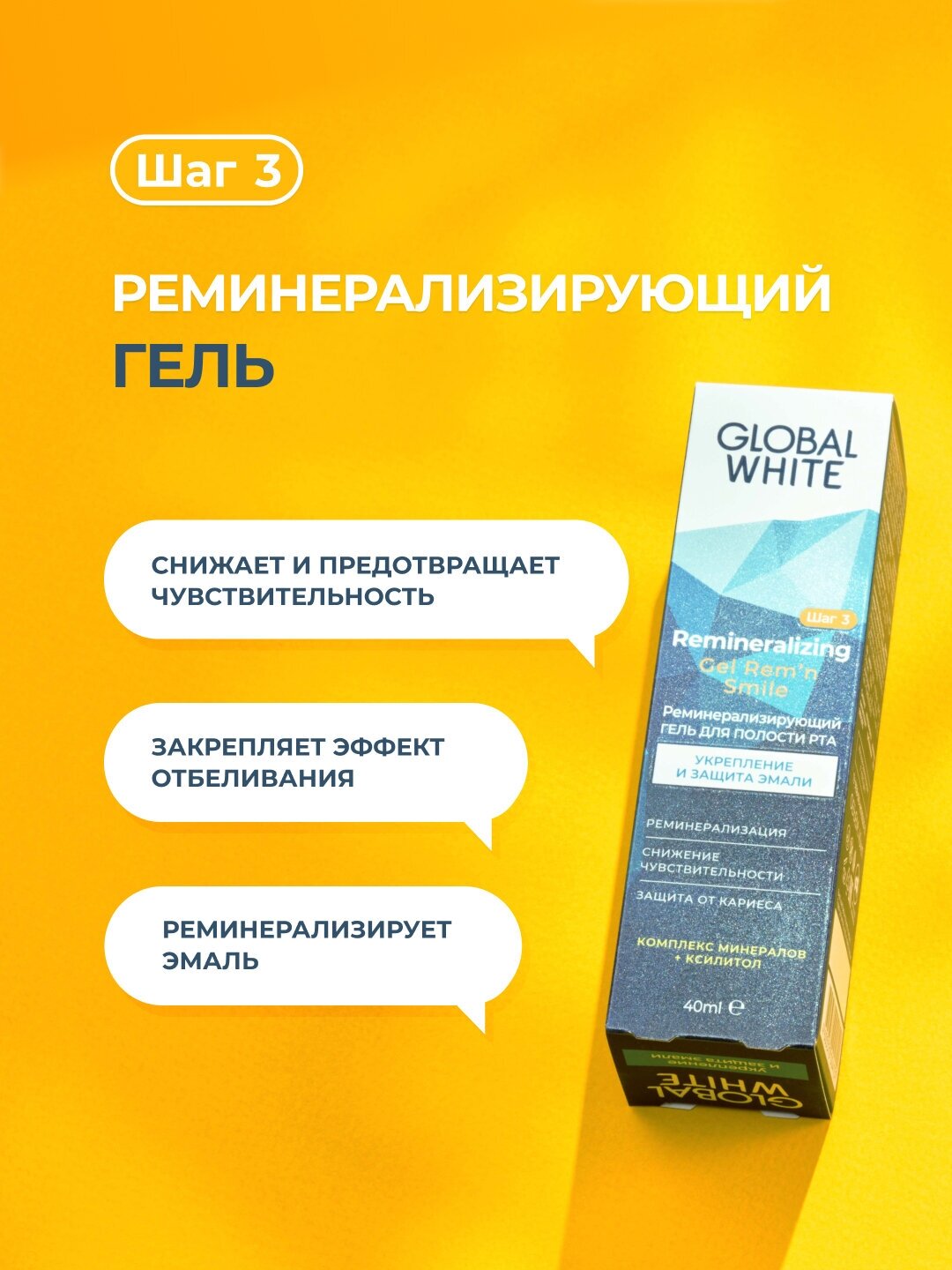 Зубной гель реминерализирующий GLOBAL WHITE с фтором / Яблоко-мята / Укрепление эмали и зубов / 40 мл