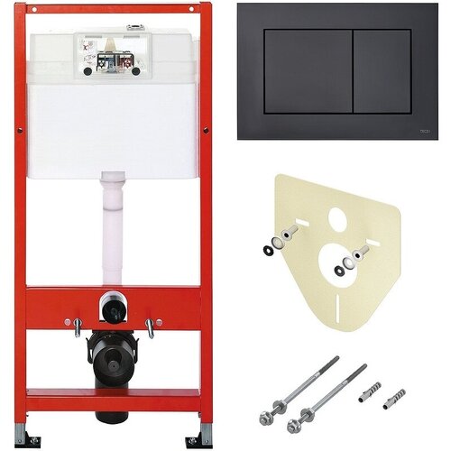 TECE комплект (4в1): инсталяция TECEBase, шпильки к стене, звукоизоляция 9200010 и клавиша 9240407 черный матовый инсталляция tece lux 400 9600400 для подвесного унитаза без панели смыва