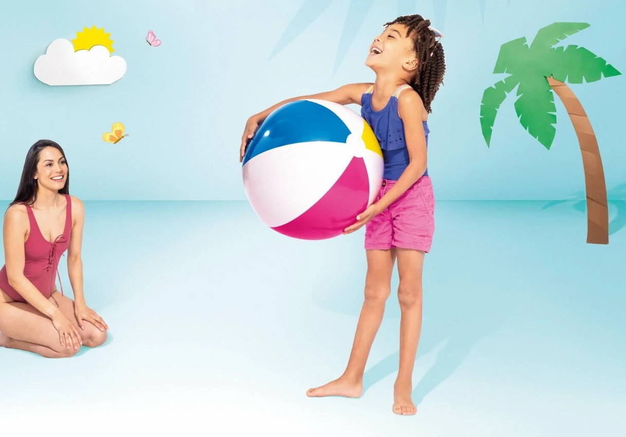 Надувной детский мячик D 61 см, пляжный, разноцветный, Glossy Panel Ball, Intex 59030