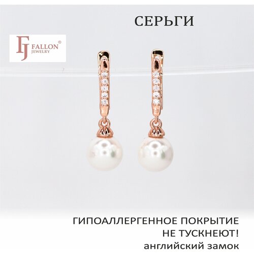 фото Серьги с подвесками fj fallon jewelry, медь, золочение, фианит, жемчуг имитация, размер/диаметр 27 мм., белый, золотой