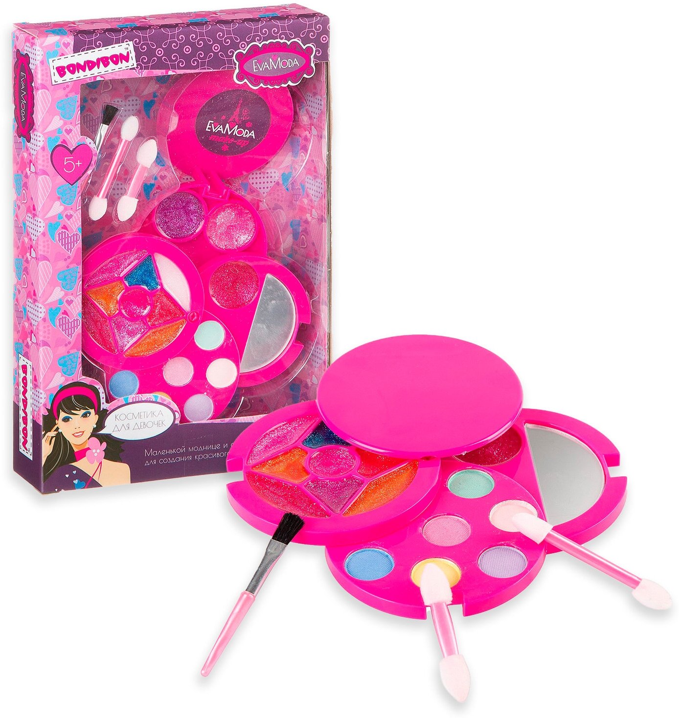 Набор декоративной косметики для девочек круг розовый, 4 уровня, 6 оттенков теней, 12 блесков для губ, аксессуары Eva Moda Bondibon подарок девочке