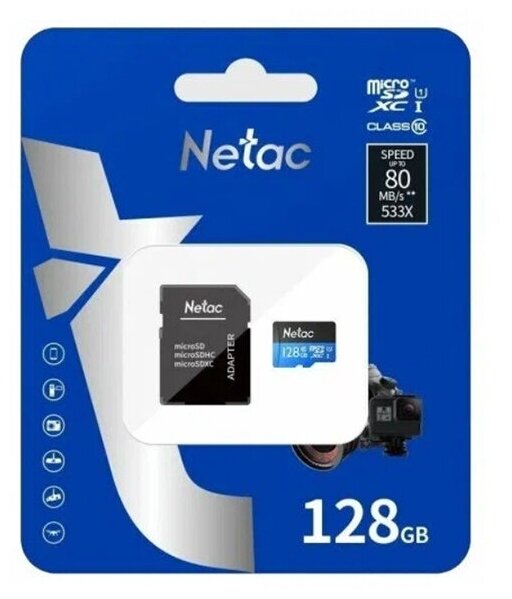 Карта памяти Netac microSDHC 128Gb Class10 NT02P500STN-128G-R P500 adapter