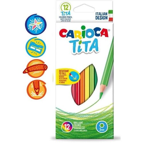 Карандаши 12 цветов Carioca Tita, яркий ударопрочный грифель 3.0 мм, шестигранные, пластиковые, картон, европодвес