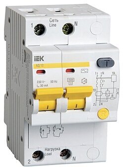 Дифференциальный автоматический выключатель АД12 2 полюса, 20А, Тип AC, х-ка C, 30мА | код. MAD10-2-020-C-030 | IEK (8шт. в упак.)