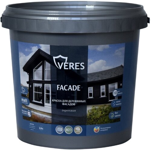 Краска для деревянных фасадов Veres Facade, акриловая, глубокоматовая, база A, белая, 0,9 л