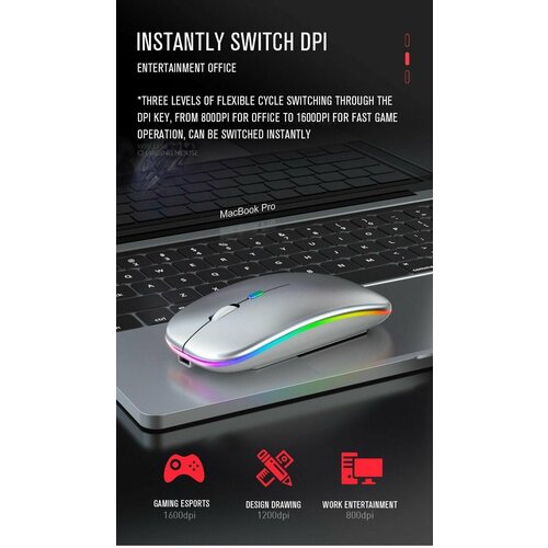 Светодиодная беспроводная мышь перезаряжаемая тонкая бесшумная мышь 24G с USB-портом и приемником Type-c 3 регулируемых DPI черный ST-001 199900₽