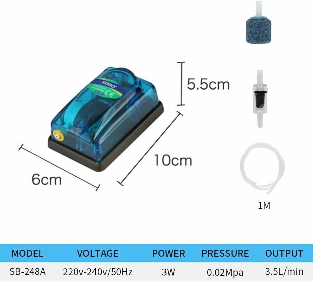 Компрессор SOBO для аквариума SB-248A, 1 канал 3.5л/м с распылителем и шлангом и обратным клапаном