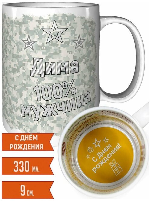 Кружка Дима 100% мужчина - с днём рождения пожелания.