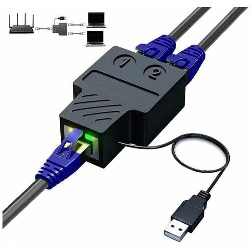 Разветвитель-сплиттер витой пары RJ45, Cat 5/6/7, адаптер с 1 на 2 с питанием от USB, LAN, Ethernet