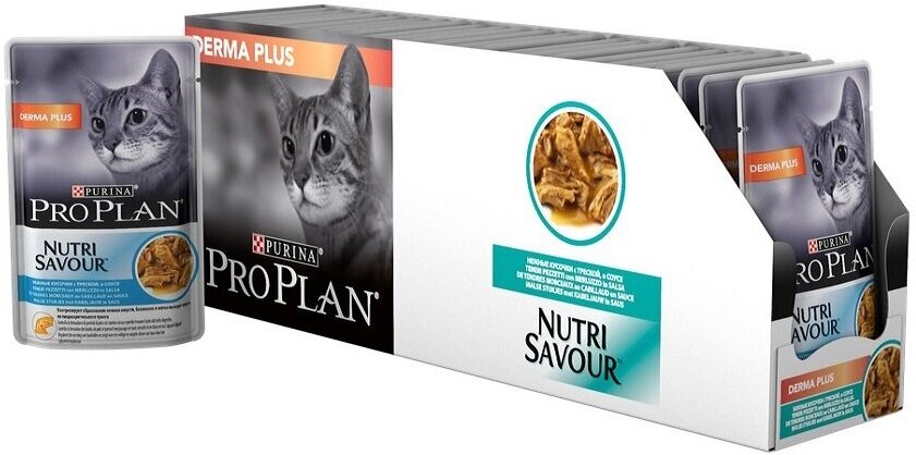 Pro Plan ® Nutri Savour влажный корм для взрослых кошек с чувствительной кожей, нежные кусочки с треской, в соусе, 85 г - фото №9
