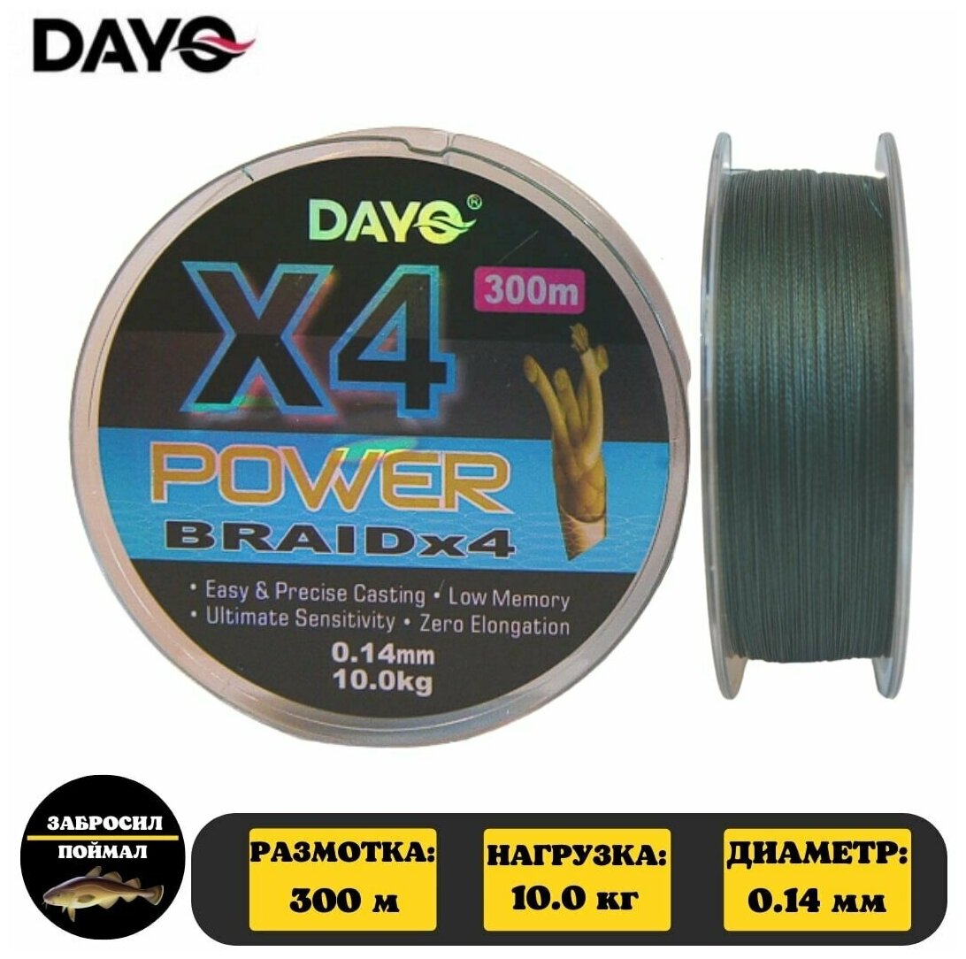 Плетеный шнур для рыбалки. DAYO POWER BRAID Х 4 PE. Светло-зеленый. 0.23 мм  17.8 кг 300 м.