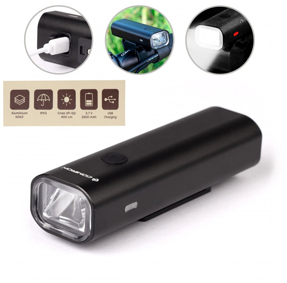 Фонарь передний Tequila Flashlights TF-F 400lumen 2500mAh USB (Черный)