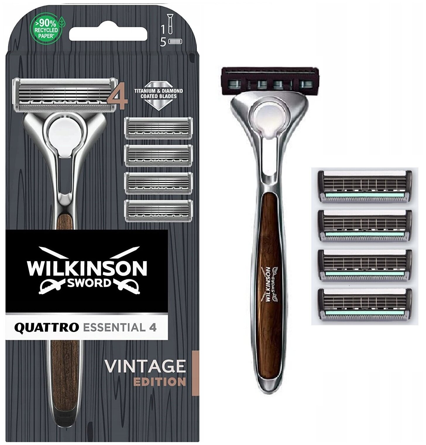 WILKINSON SWORD Quattro Titanium VINTAGE бритва + 5 сменных кассет (подмятая упаковка)