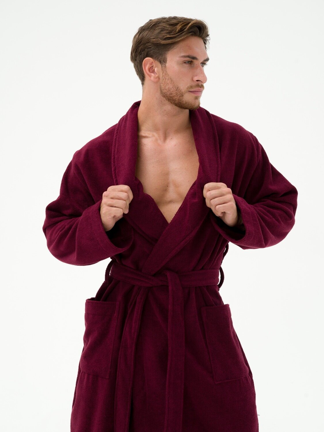 Мужской махровый халат с шалькой, темно-бордовый - фотография № 4
