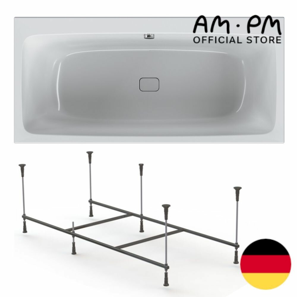 фото Ванна акриловая AM.PM Func 150x70 комплект 2 в 1: ванна с каркасом, полка, декоративная заглушка слива, усиленный корпус, гарантия 15 лет,