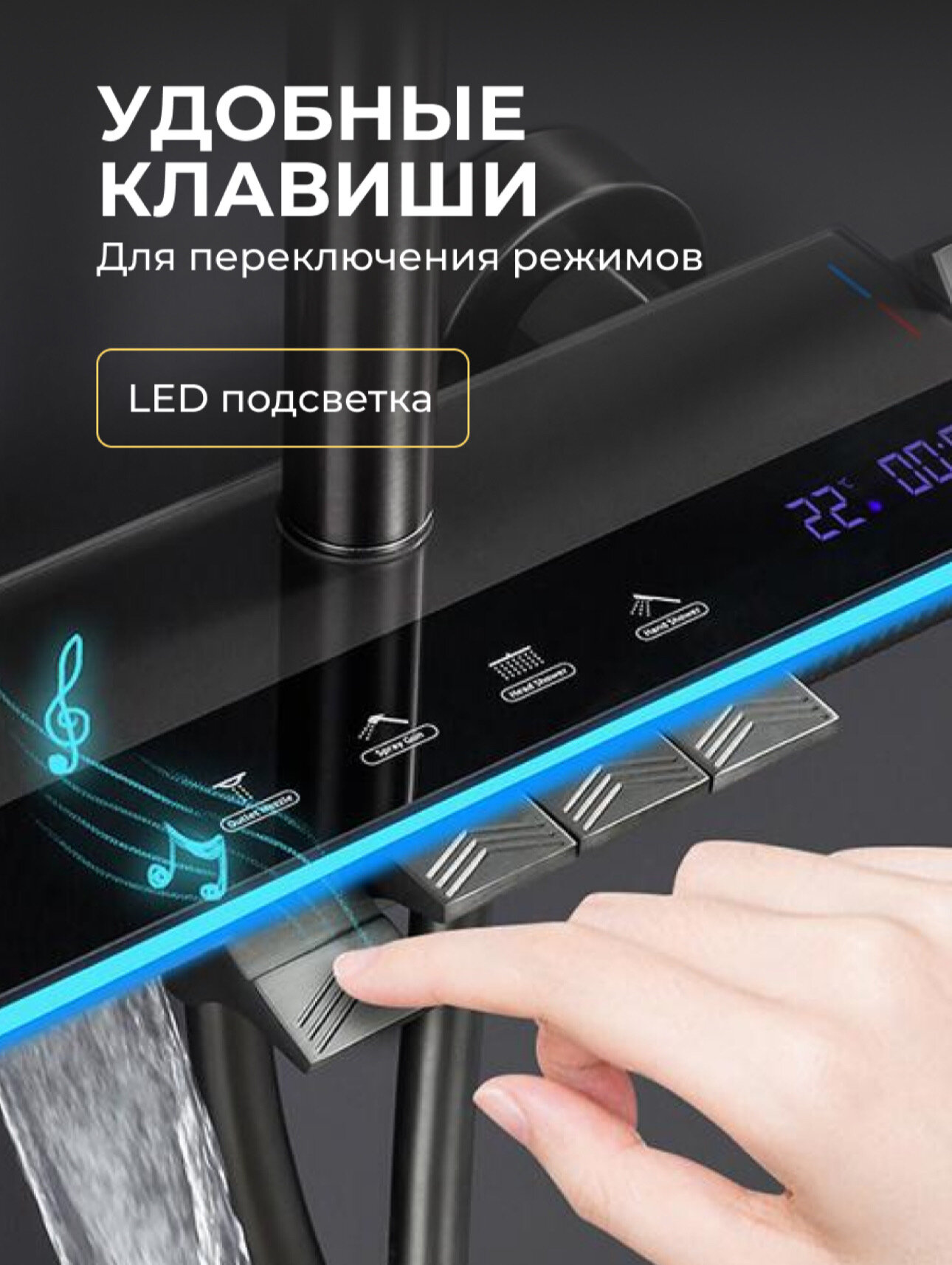 Душевая система и душевая стойка с тропическим душем с подсветкой и индикатором температуры смеситель для ванны 160см