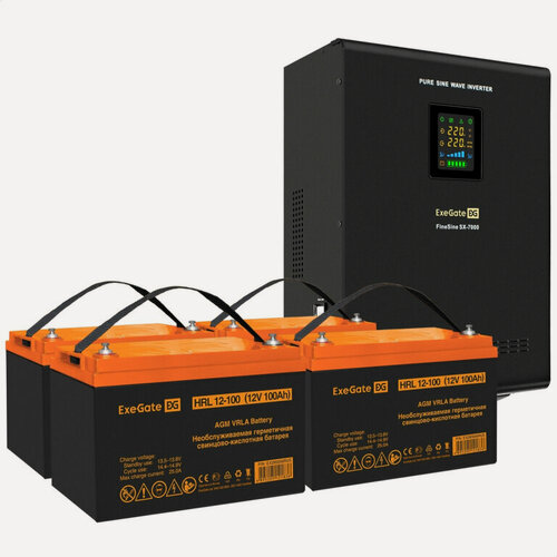Изображение товара Комплект ИБП EX296005RUS + батарея 100Aч EX285656RUS 4шт (инвертор, синус, для котла, настенный) ExeGate FineSine SX-7000. LCD. AVR.2SH. T <7000VA/5000W, чистая синусоида, цветной LCD-дисплей, AVR, 2*Schuko+клеммы, линейно-интерактивный, крепление насте