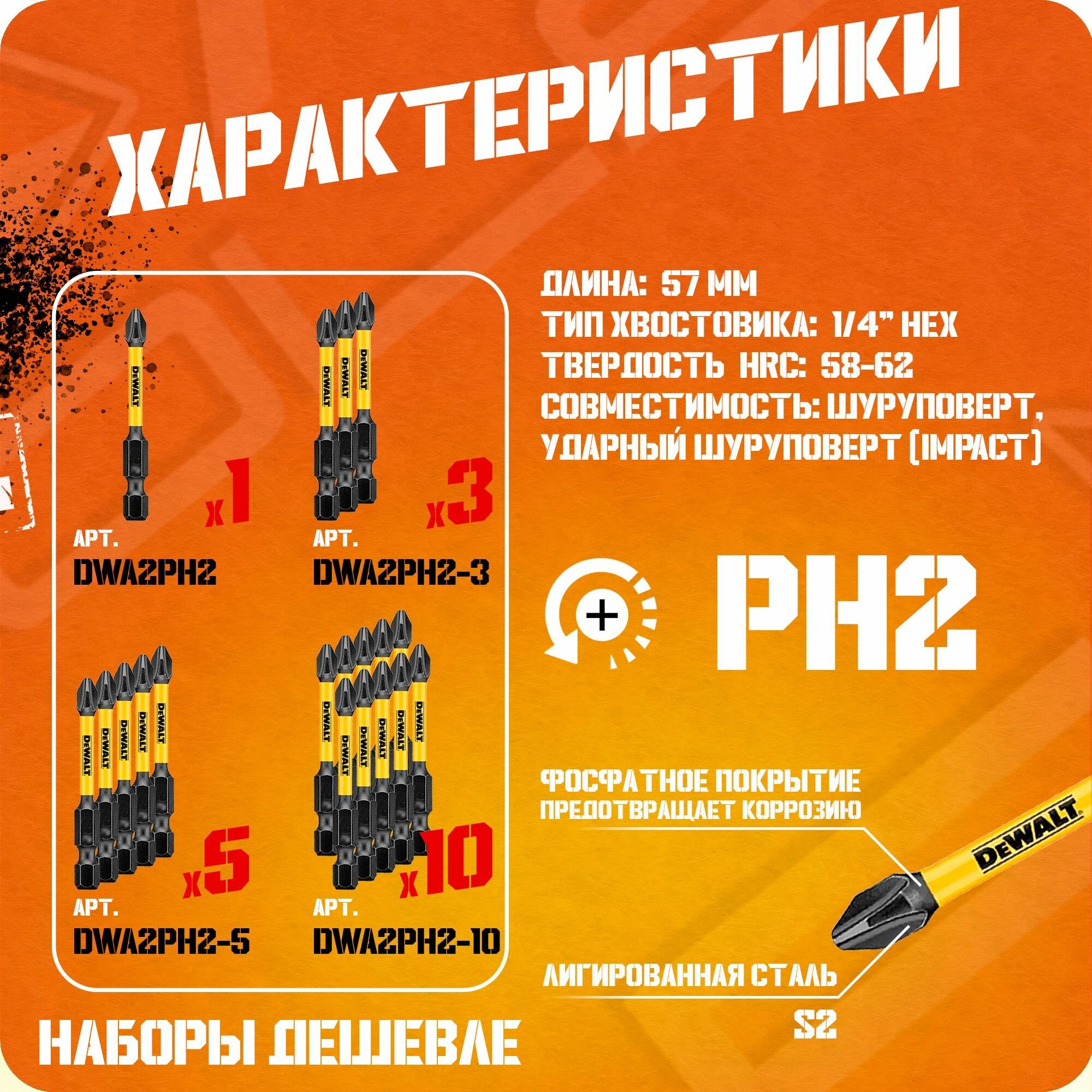 Биты ударные торсионные DeWalt IMPACT Torsion Ready 1шт S2 PH2 x 57мм — фото 1