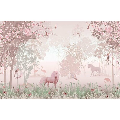Моющиеся виниловые фотообои Единороги и феи на розовом, 400х260 см
