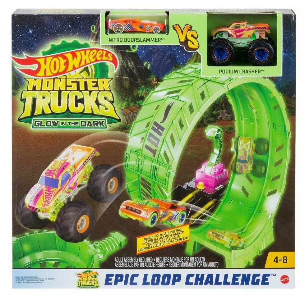 Игровой набор Hot Wheels Монстр-трак Автотрек Мертвая петля светящийся в темноте HBN02