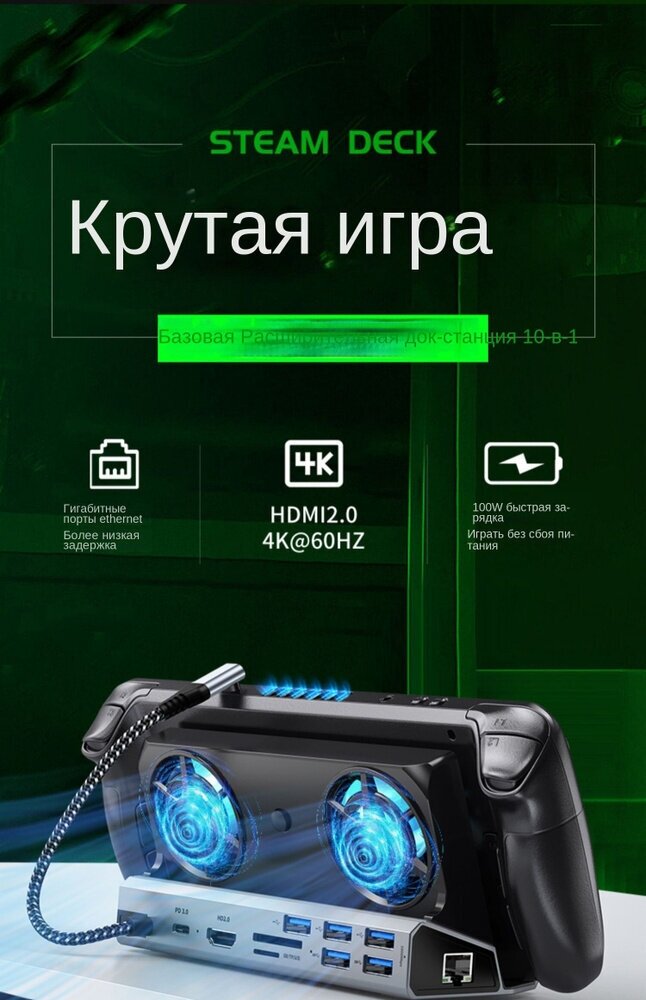 Док-станция Steam Deck с RGB подсветкой Охлаждающий вентилятор Зарядная база USB HDMI HD 4K60HZ 10 в 1