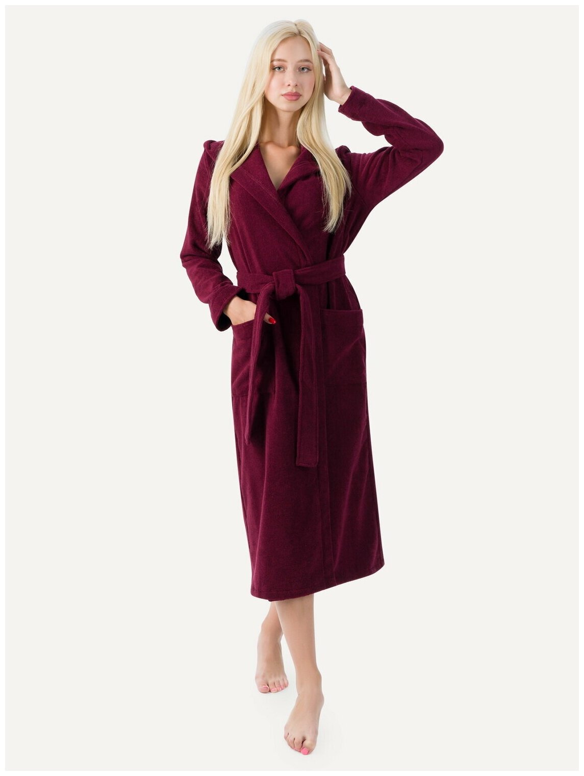 Женский халат с капюшоном, темно-бордовый - фотография № 5