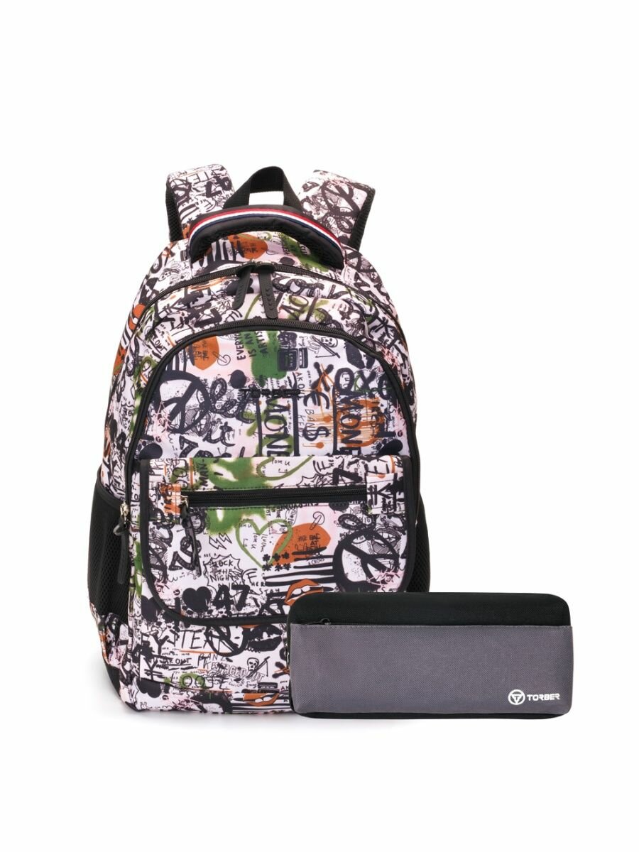 Школьный рюкзак TORBER CLASS X T2743-WHI-BLK-P черно-белый с рисунком, полиэстер, 45х30х18 см, 17 л + Пенал в подарок!
