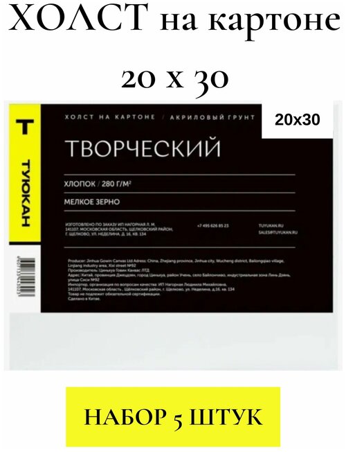 Холст на картоне грунтованный Творческий, 20х30, Туюкан, набор 5 шт