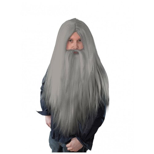 Карнавальный парик с бородой Волшебник люкс / седой парик/ борода/ парик/ мужской парик карнавальный парик бабушка старушка седой ультрапышный