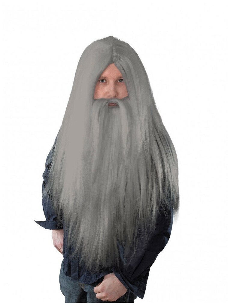 Карнавальный парик с бородой "Волшебник" люкс / седой парик/ борода/ парик/ мужской парик