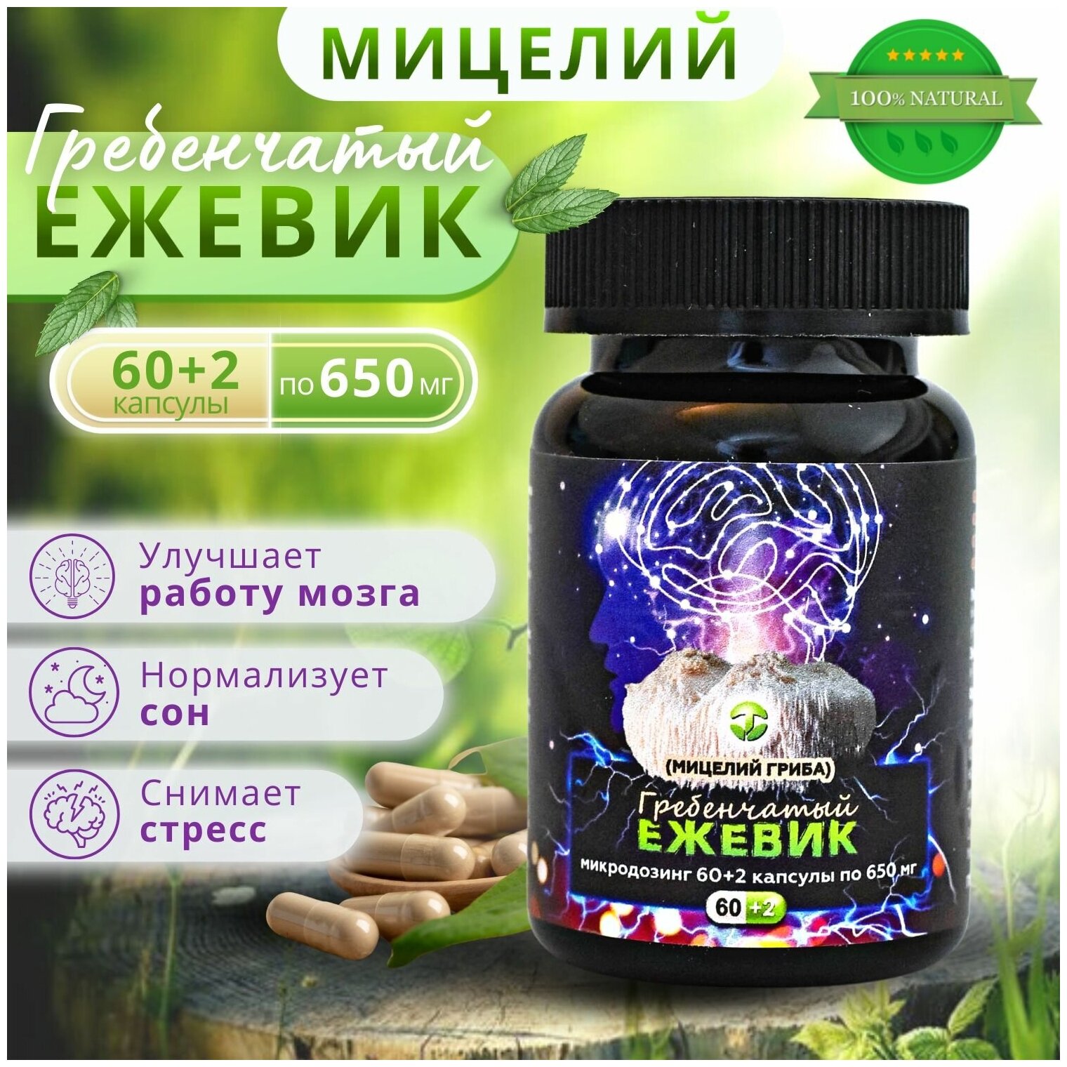 Ежевик (ежовик) гребенчатый мицелий 60+2 капсулы / Hericium erinaceus / Львиная грива / Lions Mane micelium