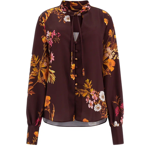 фото Блуза guess, прямой силуэт, длинный рукав, флористический принт, размер 44/s, мультиколор, коричневый