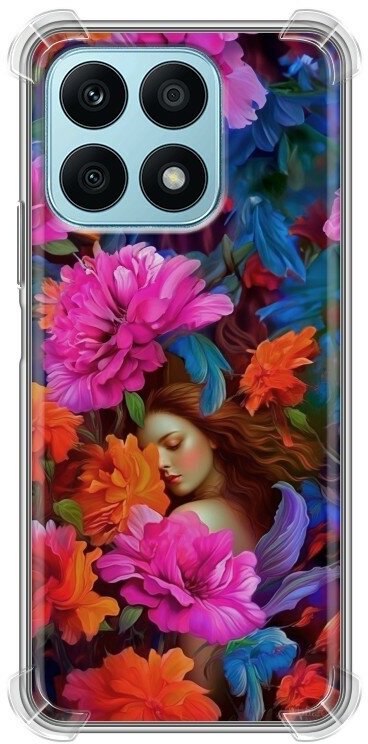 Дизайнерский силиконовый с усиленными углами чехол для Хонор Х8а / Huawei Honor X8a Девушка и цветы