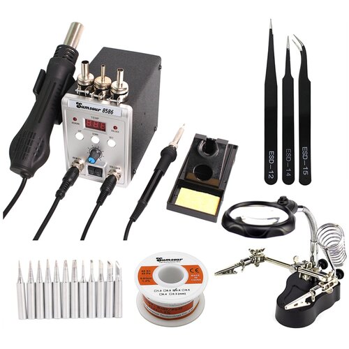 Паяльная станция термофен фен 8586 220В с феном 700Вт и паяльником 60Вт с регулировкой инструментами сменными насадками для SMD компонентов У 524700₽
