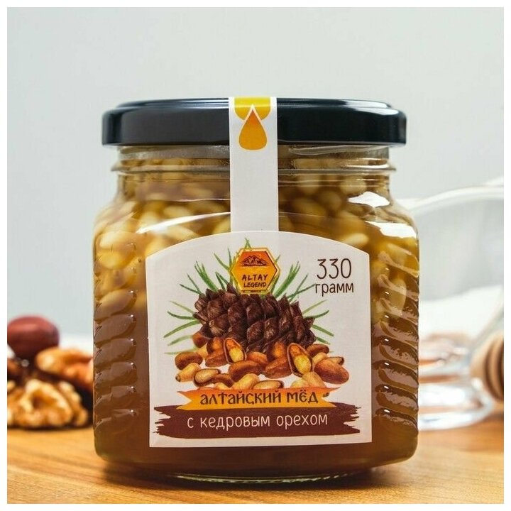 Мёд Алтайский натуральный цветочный, с кедровым орехом, 330 г - фотография № 2