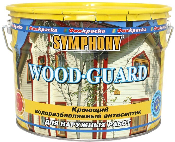 Кроющий Антисептик Финкраска Symphony WOOD GUARD 10л Белый, Матовый, Водоразбавляемый для Наружных Деревянных Поверхностей / Симфония Вуд Гуард.