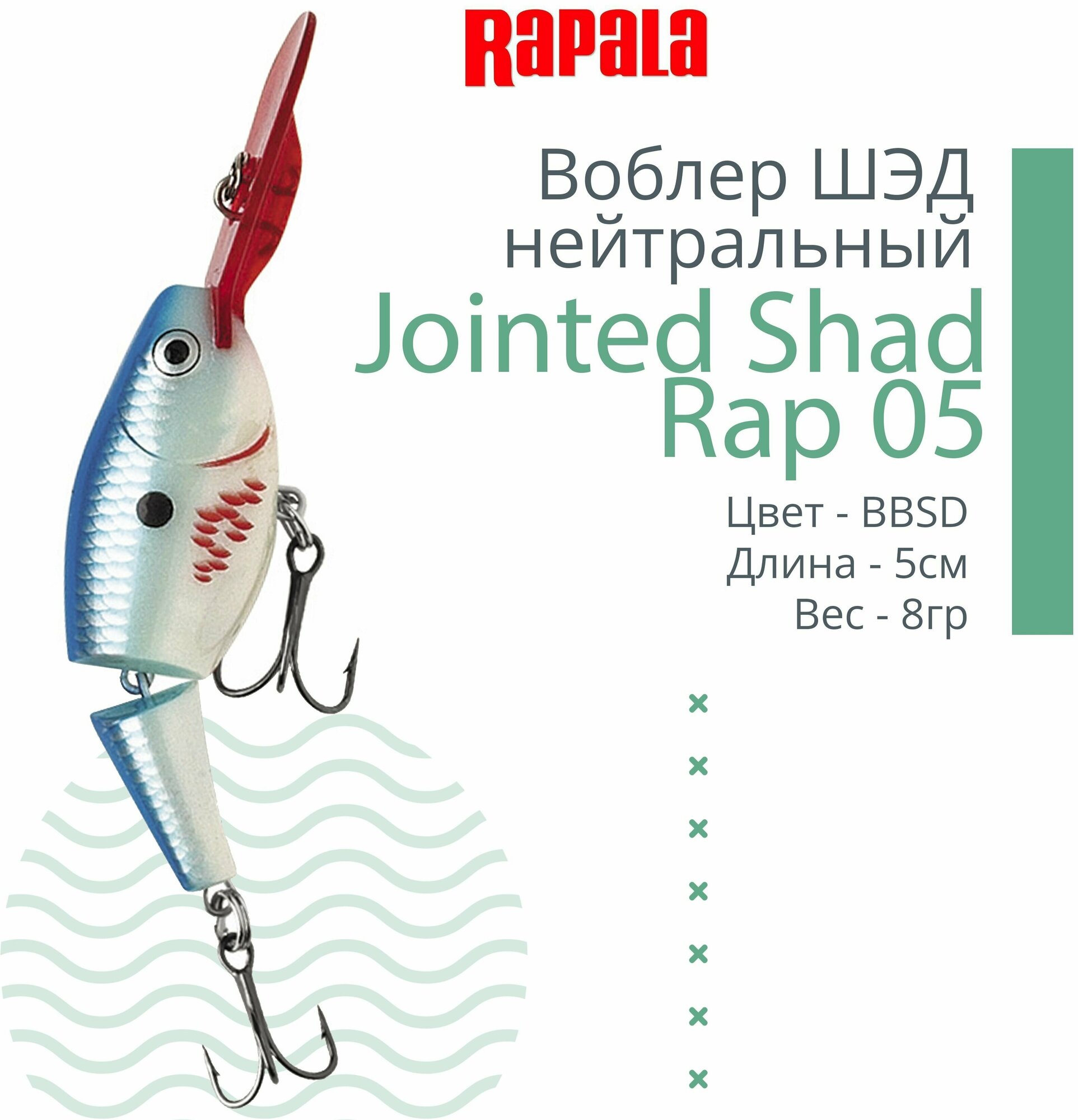 Воблер для рыбалки RAPALA Jointed Shad Rap 05, 5см, 8гр, цвет BBSD, нейтральный