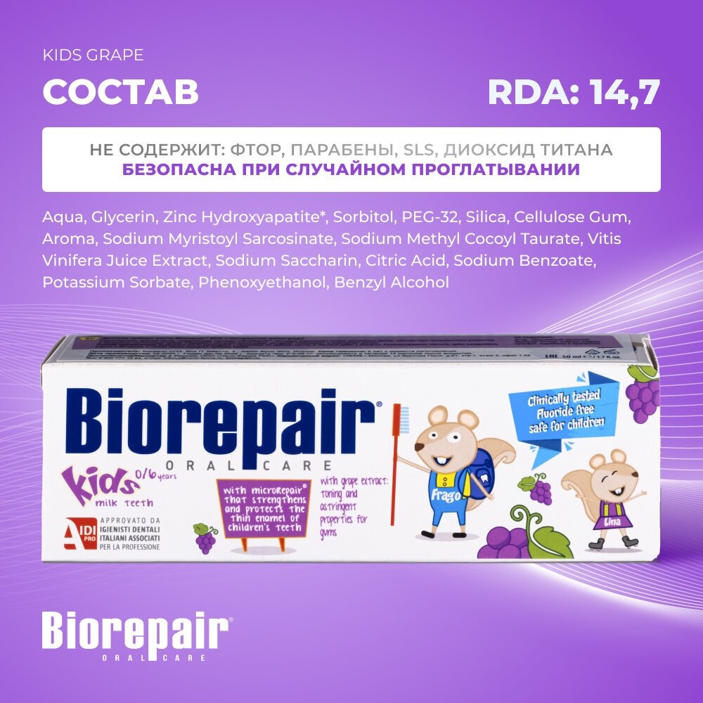 Зубная паста Biorepair® Kids со вкусом винограда для детей от 0 до 6 лет, 50 мл