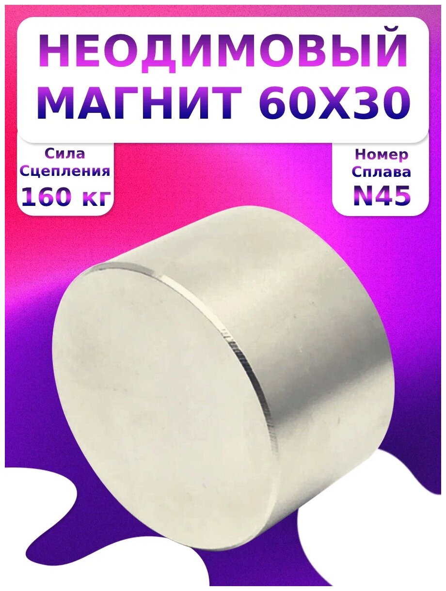 Неодимовый мощный магнит диск 60х30 мм